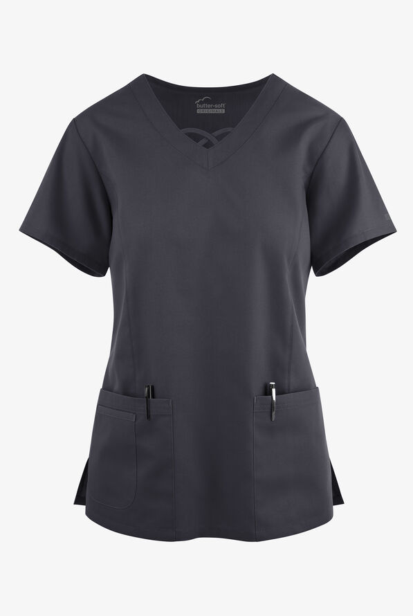 Blusa médica Butter-Soft Originals con cuello entrecruzado y 3 bolsillos para mujer - Pewter - 1