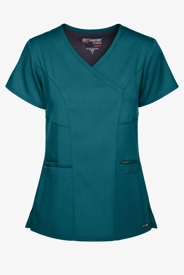 Grey's Anatomy by Barco Spandex STRETCH Kim Women's 3-Pocket Mock Wrap Scrub Top - Bahama Blue - 1