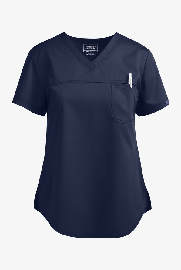 Cherokee Workwear Revolution Women's 1-Pocket STRETCH Tuck In V-Neck Scrub Top - Navy - 1