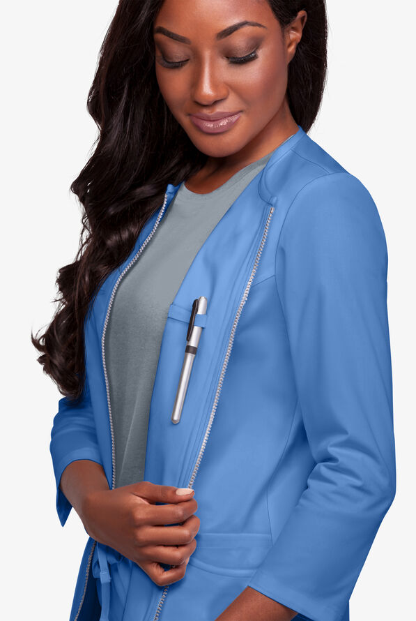 Butter-Soft STRETCH Women's 4-Pocket Jewel Neck Consultation Scrub Lab Coat - Ceil Blue - 3