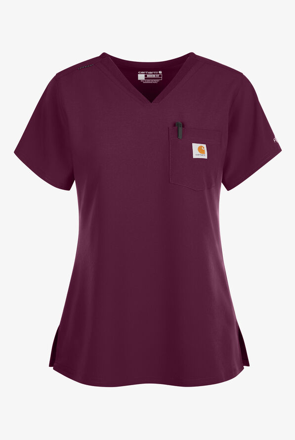 Carhartt Cross-Flex Force Women's 1-Pocket STRETCH Knit Panel Tuck In Scrub Top - Wine - 1