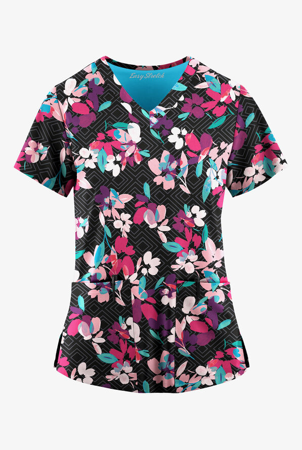 Blusa médica estampada Easy Stretch Kyoto Floral Onyx con cuello en V y 2 bolsillos para mujer - null - 1