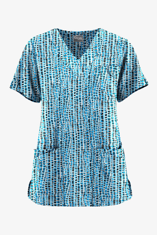 Blusa médica estampada UA Butter-Soft STRETCH Urban Animal Turquoise con cuello en V y 5 bolsillos para mujer - null - 1