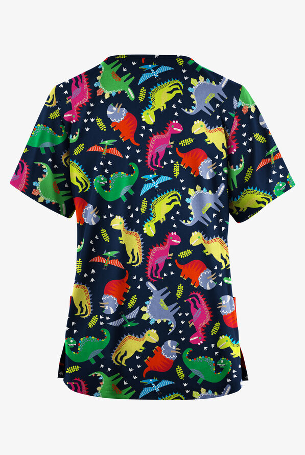 Butter-Soft Originals Colorfu Dinos Navy Women's 2-Pocket V-Neck Print Scrub Top - null - 2