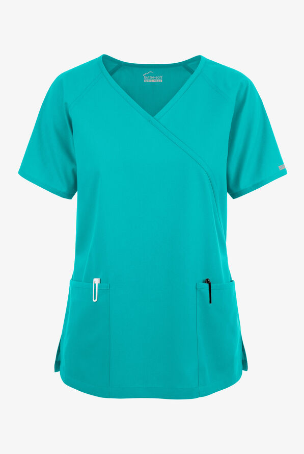 Blusa médica Butter-Soft Originals estilo cruzado con 3 bolsillos para mujer - Bright Teal - 1