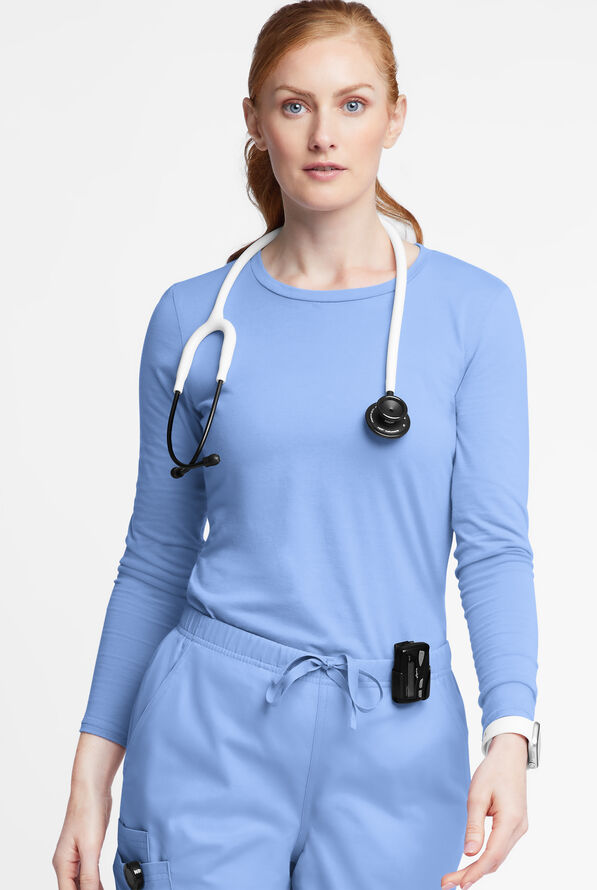 Butter-Soft Originals Women's STRETCH Cotton-Rich Long Sleeve Crew Neck Knit Underscrub - Ceil Blue - 2