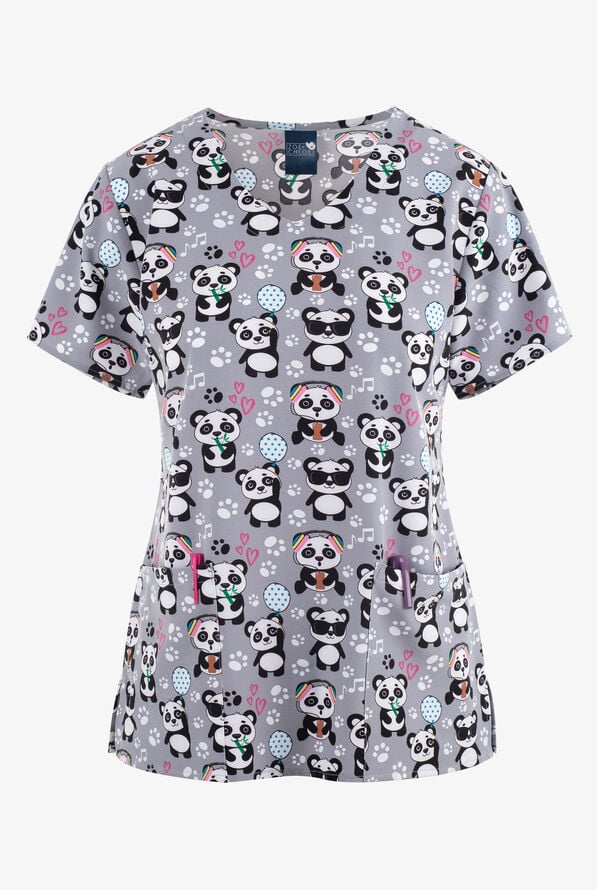 Zoe & Chloe Panda Jams Women's 2-Pocket STRETCH V-Neck Print ScrubTop - null - 1