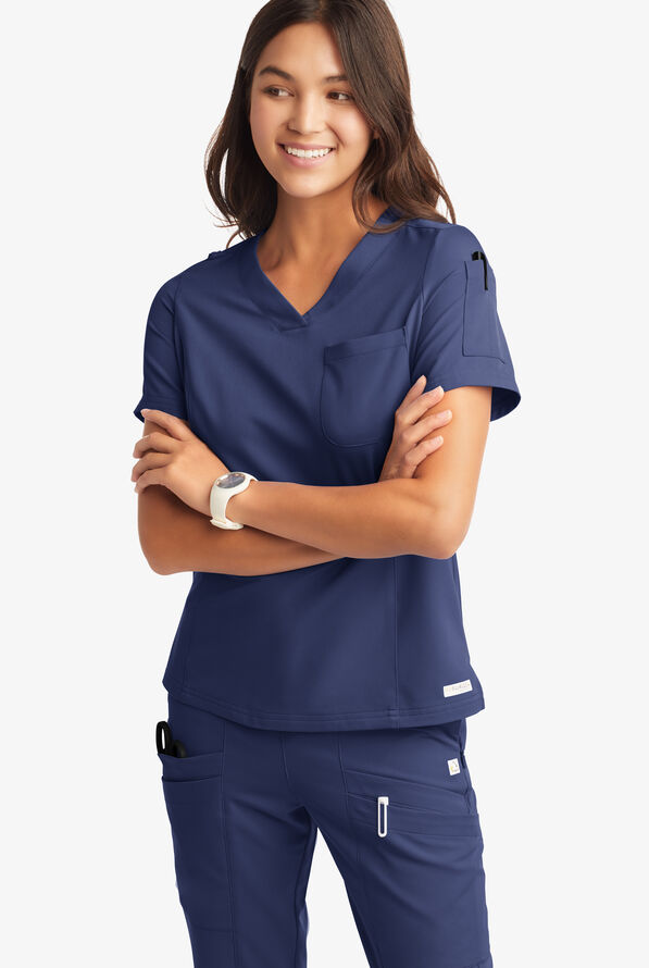 Butter-Soft Women's 3-Pocket V-Neck Tuck-In Scrub Top **Slightly IRREGULAR** - Navy - 6