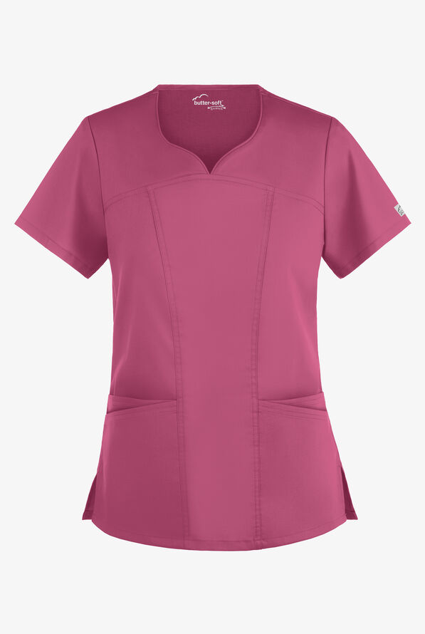Butter-Soft STRETCH Women's 4-Pocket Sweetheart Neck Scrub Top - Berry Haze - 1