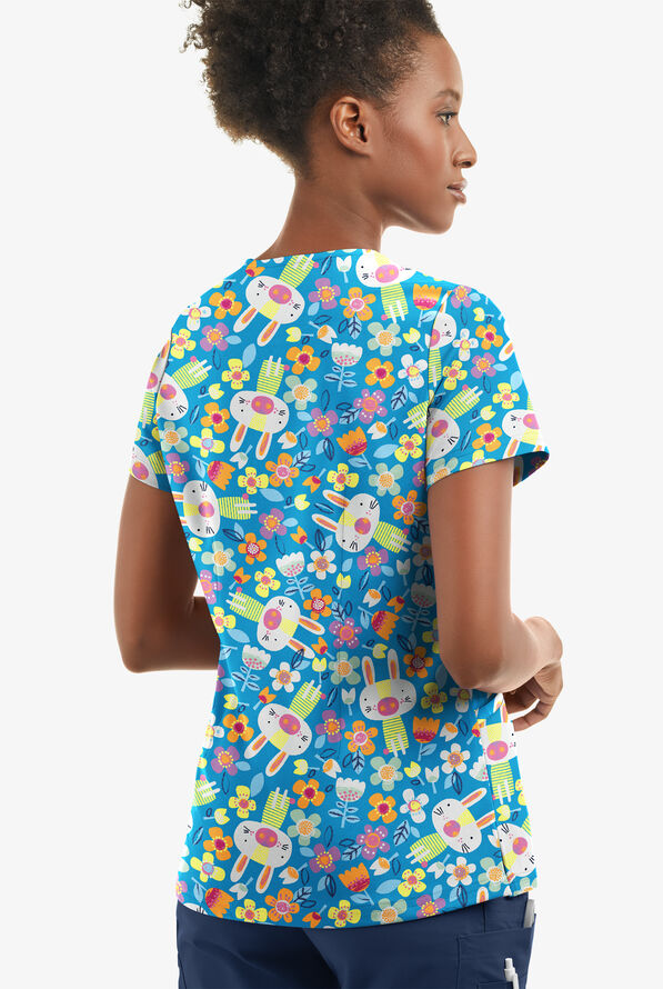 Butter-Soft STRETCH Easter Fun Turquoise Women's 2-Angled Welt Pocket V-Neck Print Scrub Top - null - 2