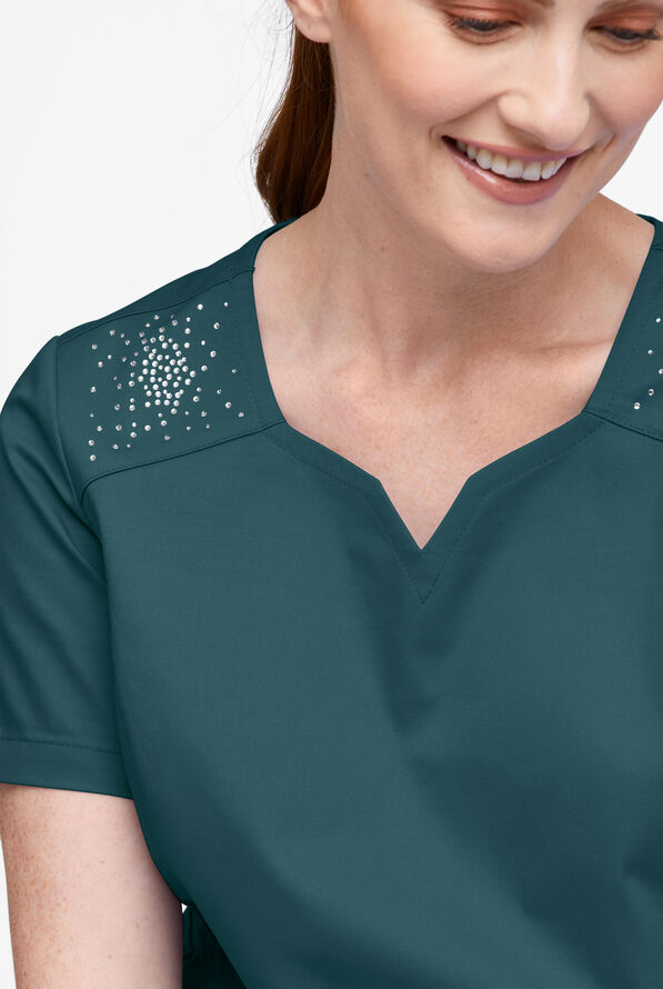 Blusa m&eacute;dica UA Butter-Soft STRETCH Crystal Bling con 6 bolsillos para mujer - Caribbean Blue - 4