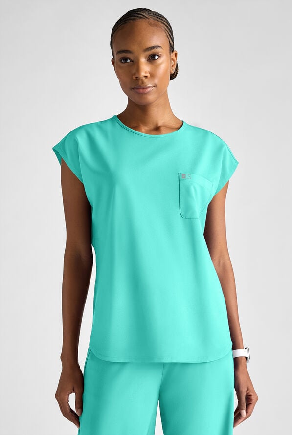 Easy STRETCH Women's Dolman Sleeve Crew Neck Scrub Top - Aqua Dust - 8