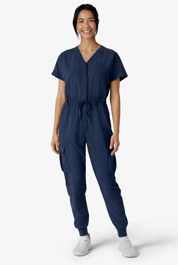 Wink Renew Women's 7-Pocket STRETCH V-Neck Cargo Jogger Jumpsuit - Navy - 1
