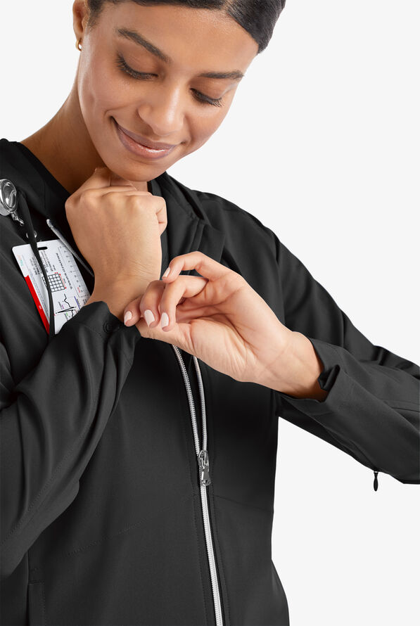 Easy STRETCH Selena Women's 5-Pocket Long Sleeve Zip-Front Scrub Hoodie - Onyx Black - 7