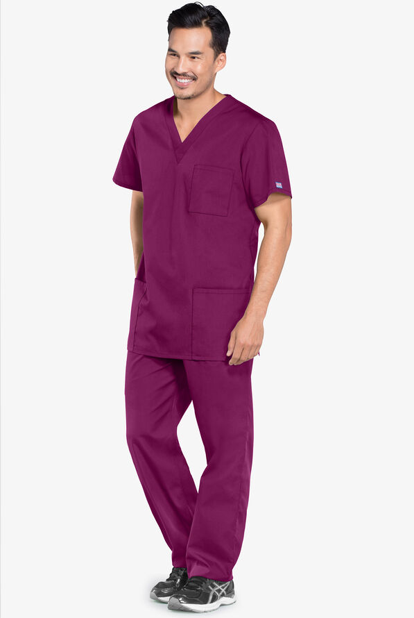 Cherokee Workwear Unisex 3-Pocket V-Neck Scrub Top - Wine - 2