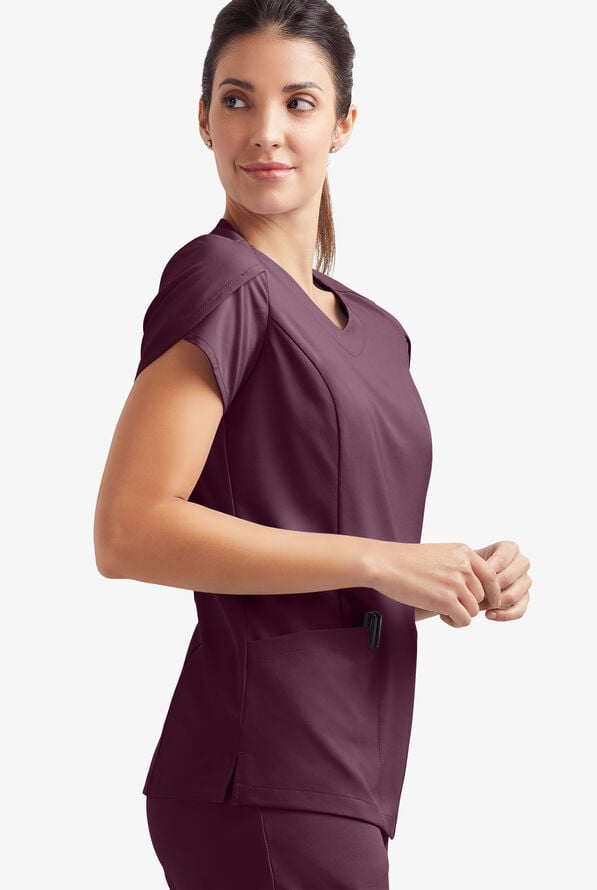 Easy STRETCH Daisy Women's 4-Pocket V-Neck Scrub Top with Petal Sleeves - Dark Mulberry - 7
