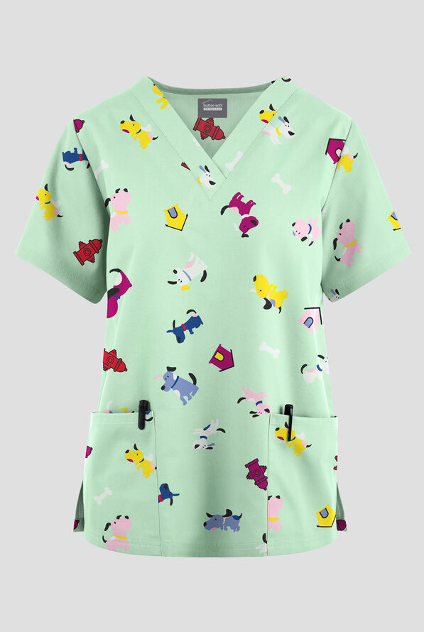 Blusa médica estampada Butter-Soft Originals A Dog's Life Royal con cuello en V y 2 bolsillos para mujer - null - 1