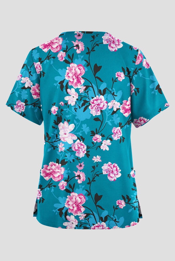 Blusa médica estampada Butter-soft Originals Rose Dream Vine Turquoise con cuello en V y 2 bolsillos para mujer - null - 2