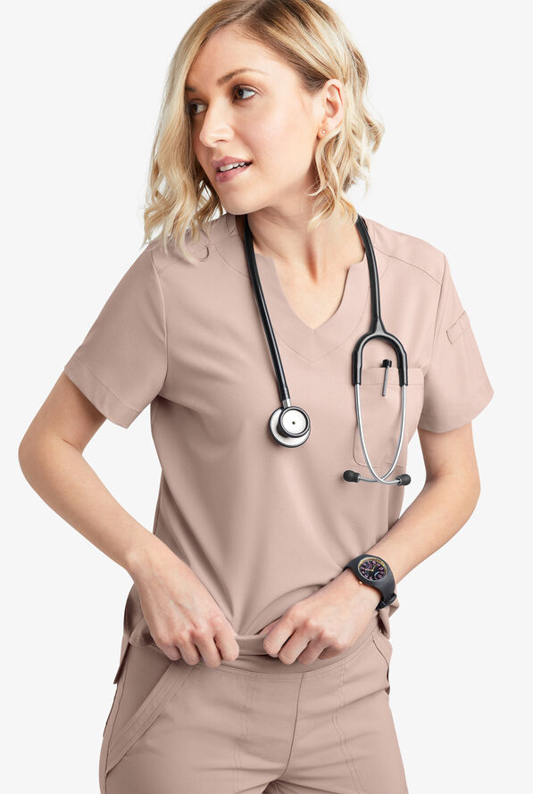 Easy STRETCH Nikki Women's 1-Pocket Scallop Neck Tuck-In Scrub Top - Mocha Meringue - 6