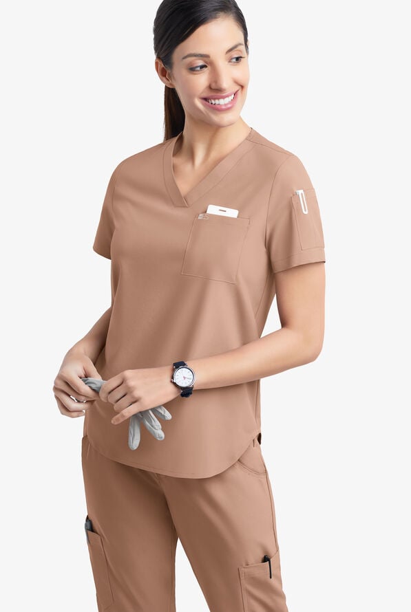 Blusa m&eacute;dica Easy STRETCH Chloe con cuello en V y 3 bolsillos para mujer - Warm Terrazzo - 3