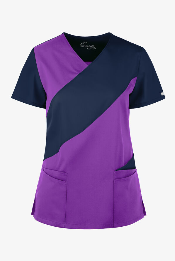 Butter-Soft STRETCH Women's 5-Pocket Asymmetric Scrub Top - Wild Plum/Navy - 1