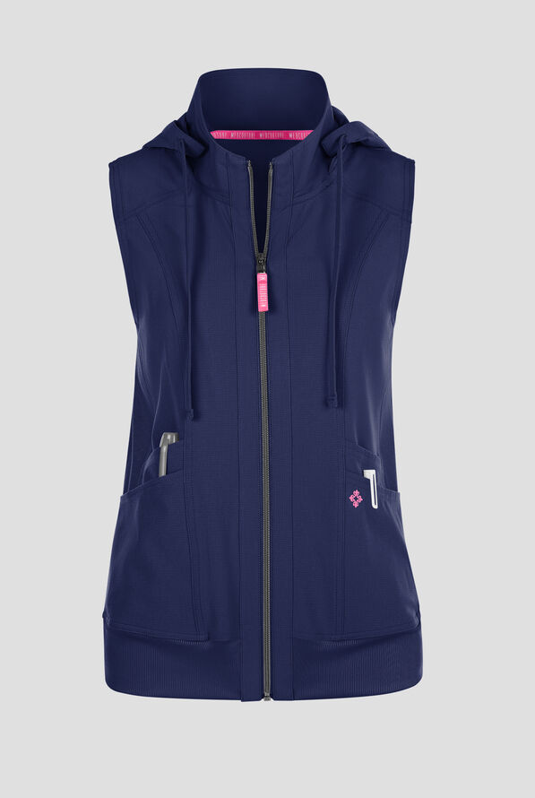 Med Couture Amp Women's 4-Pocket STRETCH Zip Front Removable Hoodie Scrub Vest - Navy - 1
