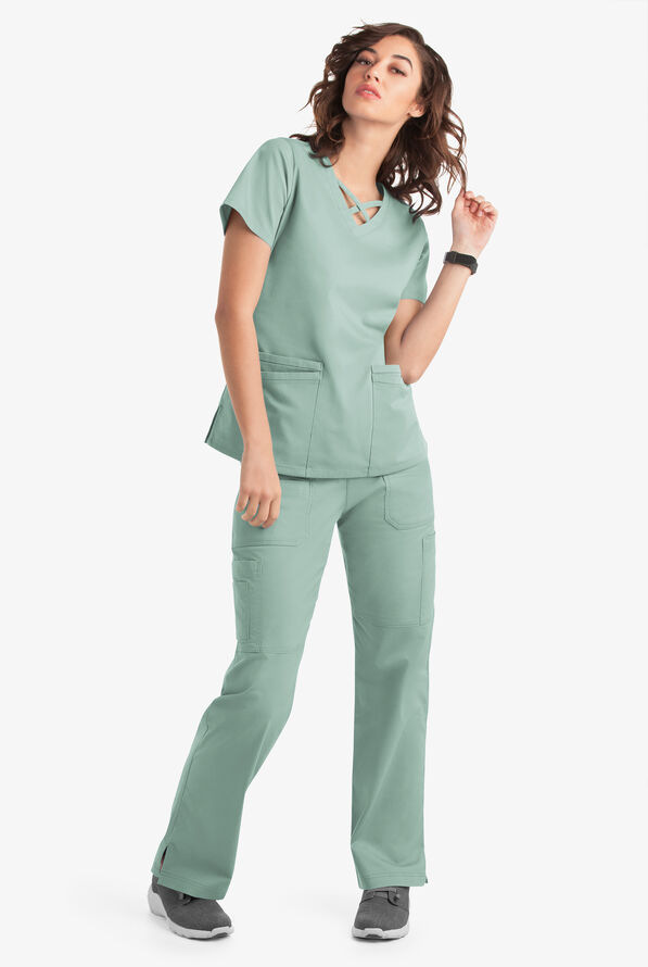 Blusa m&eacute;dica UA Butter-Soft STRETCH con lazos entrecruzados y 4 bolsillos para mujer - Eucalyptus Leaf - 6