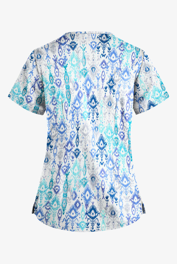 Butter-Soft STRETCH Cascading Ikat Amparo Blue Women's 4-Pocket Large Grommet Print Scrub Top - null - 2