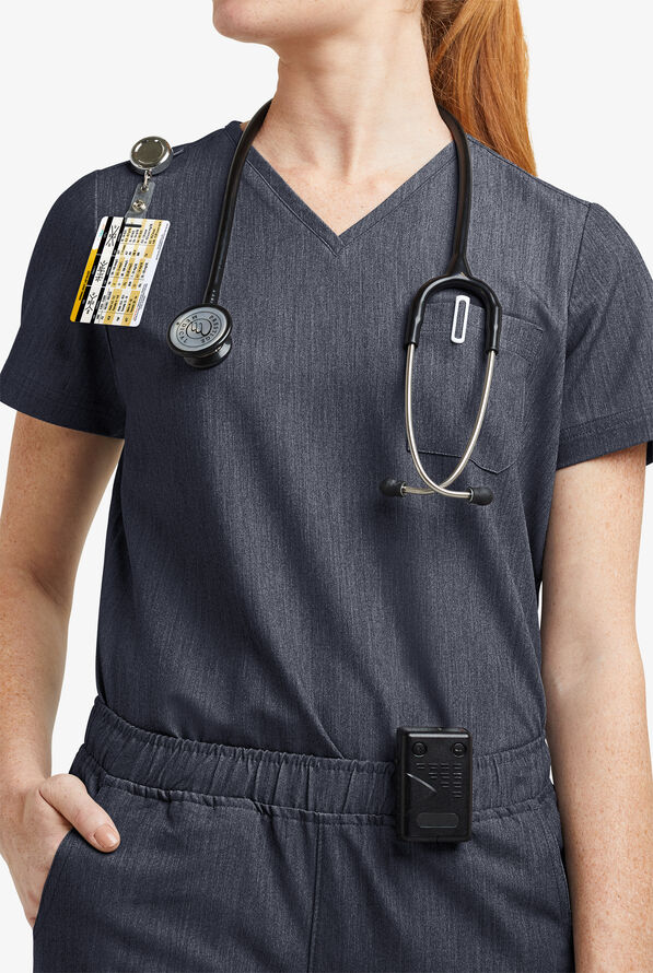 MOVEMENT by Butter-Soft Ceti Women's 1-Pocket V-Neck Tuck-In STRETCH Scrub Top - Indigo Heather - 2