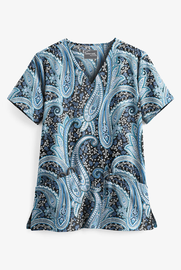Butter-Soft STRETCH Black Floral Paisley Women's 2-Pocket V-Neck Print Scrub Top - null - 1