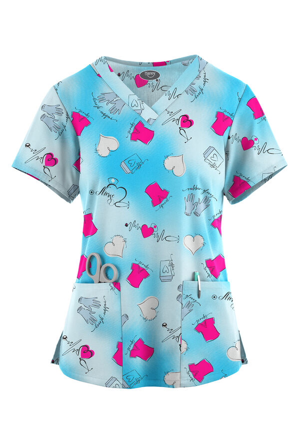 Happy Scrubs Healing Hearts Morning Dew Women's 4-Pocket Rounded V-Neck Print Scrub Top - null - 1