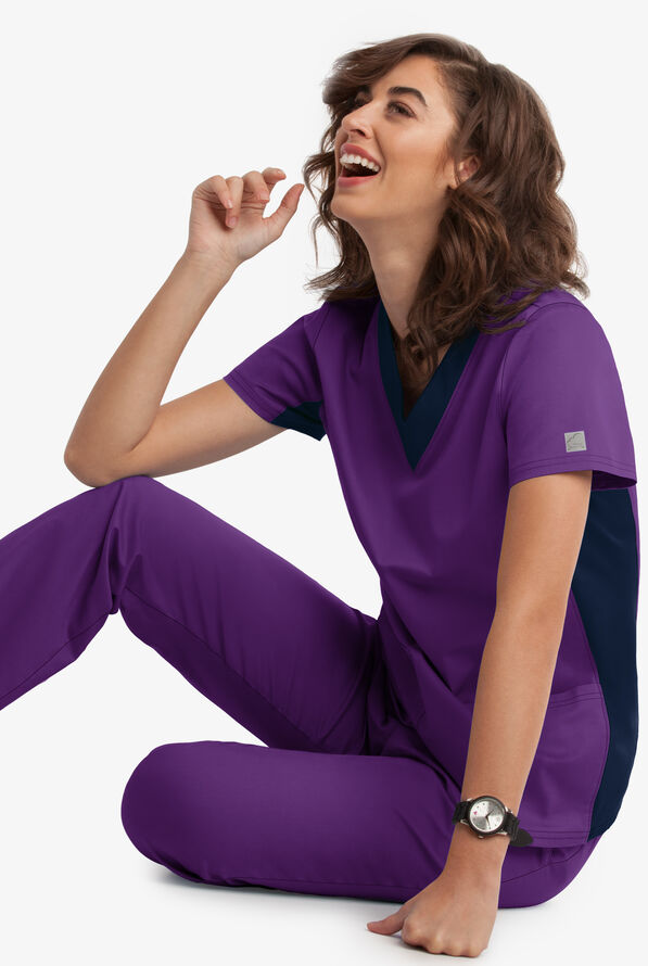 Butter-Soft STRETCH Women's 3-Pocket Contrast Scrub Top - Eggplant/Navy - 5