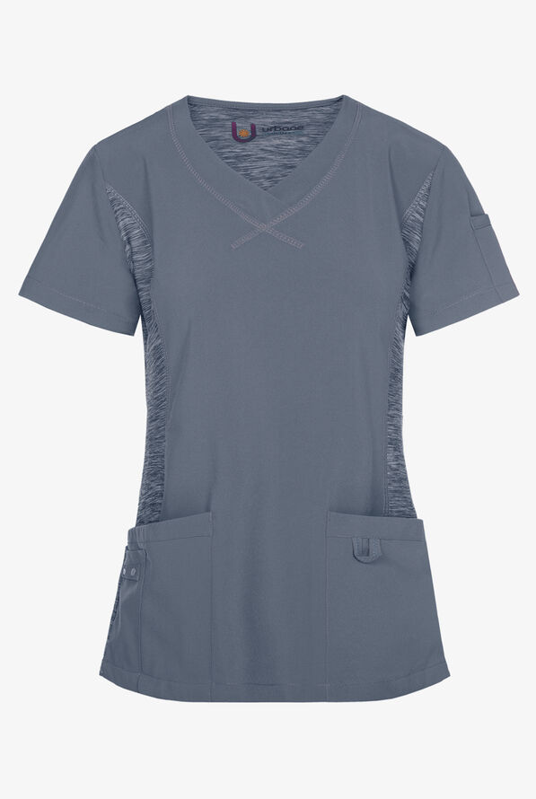 Urbane Performance Women's Curved V-Neck Knit Panel STRETCH Scrub Top - Steel Gray - 1