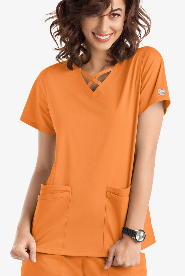 Butter-Soft STRETCH Women's 4-Pocket Crisscross Scrub Top - Apricot Crush - 2