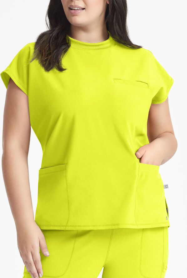 Infinity Women's 4-Pocket STRETCH Dolman Sleeve Rib-Knit Mock Neck Scrub Top - Lime Time - 2