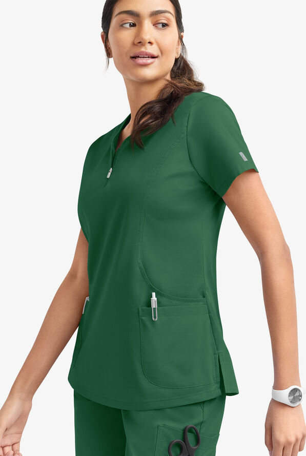 Butter-Soft STRETCH Women's 4-Pocket Curved Neck Zipper Scrub Top - Hunter - 3