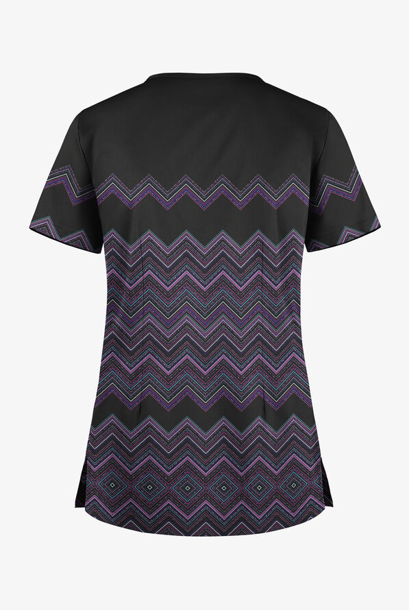Blusa médica estampada Butter-Soft STRETCH Zig Zag Stipes Black con cuello en V y 1 bolsillo para mujer - null - 2