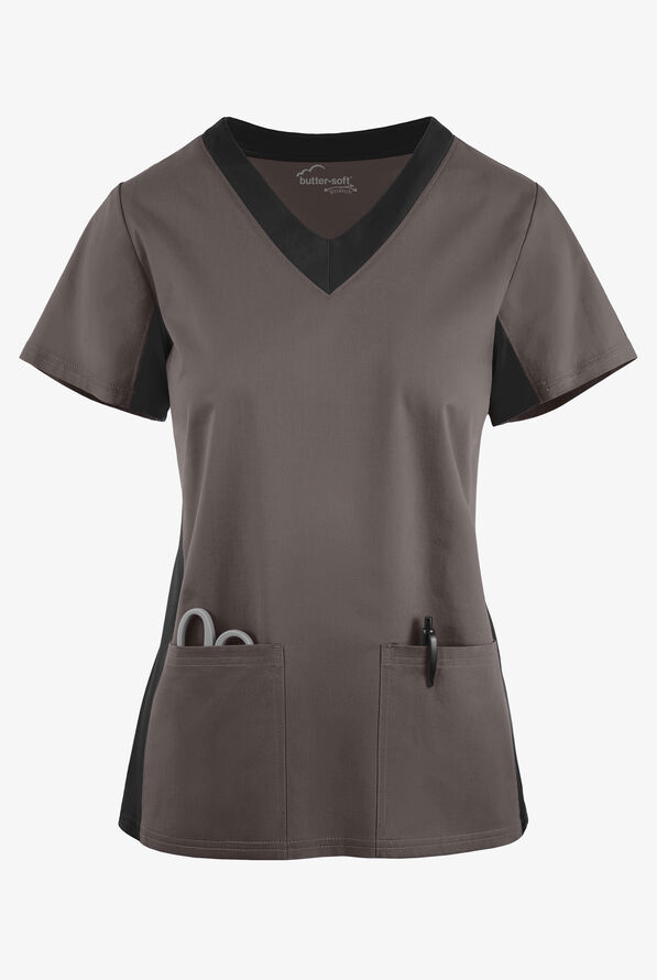 Butter-Soft STRETCH Women's 3-Pocket Contrast Scrub Top - Cool Grey/Black - 1