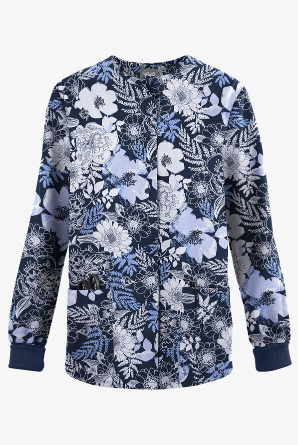 Butter-Soft Originals Arles Floral Navy Women's 3-Pocket Snap Front Print Scrub Jacket - null - 1