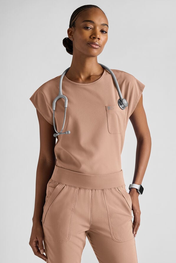 Blusa m&eacute;dica Easy STRETCH Gracie con cuello redondo y mangas dolm&aacute;n para mujer - Warm Terrazzo - 1