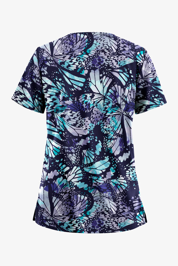 Butter-Soft STRETCH Abstract Butterflies Navy Women's 2-Pocket V-Neck Print Scrub Top - null - 2