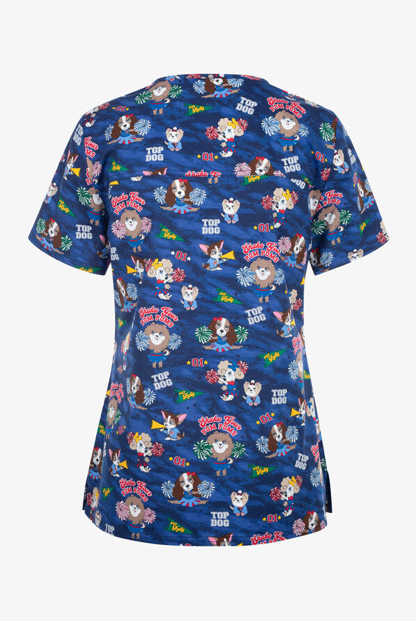 Cherokee Shake Your Pom Poms Women's 2-Pocket STRETCH V-Neck Print Scrub Top - null - 2