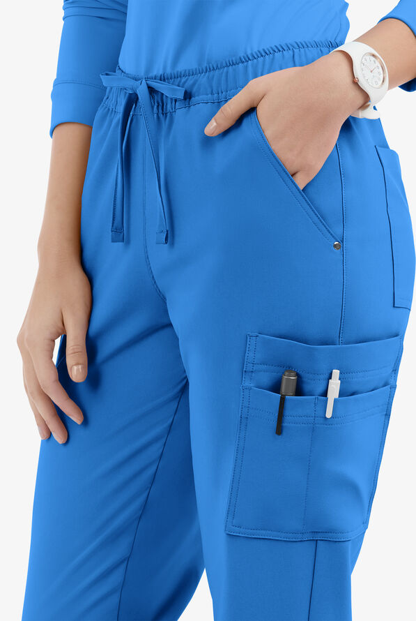 Easy STRETCH Halle Women's 11-Pocket Ruched Leg Jogger Scrub Pants - Petite - Cerulean - 3