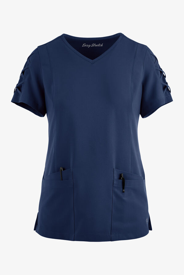 Easy STRETCH Kylie Woman's 5 Pocket V-Neck With Criss-Cross Detail Scrub Top - Navy - 1