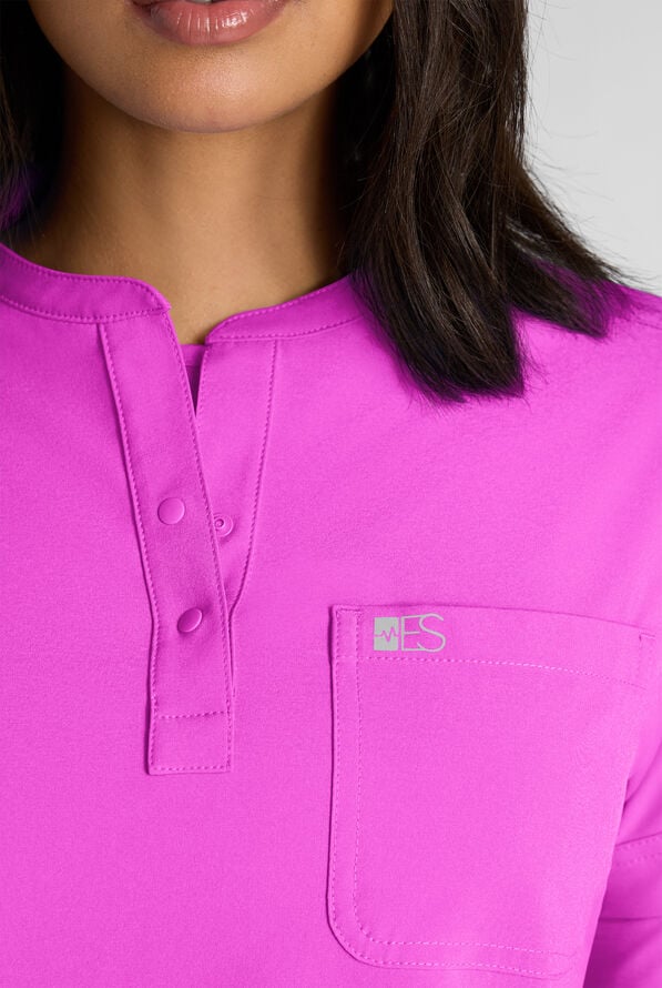 Easy STRETCH Bella Women's 1-Pocket Henley Scrub Top - Electric Fuchsia - 4
