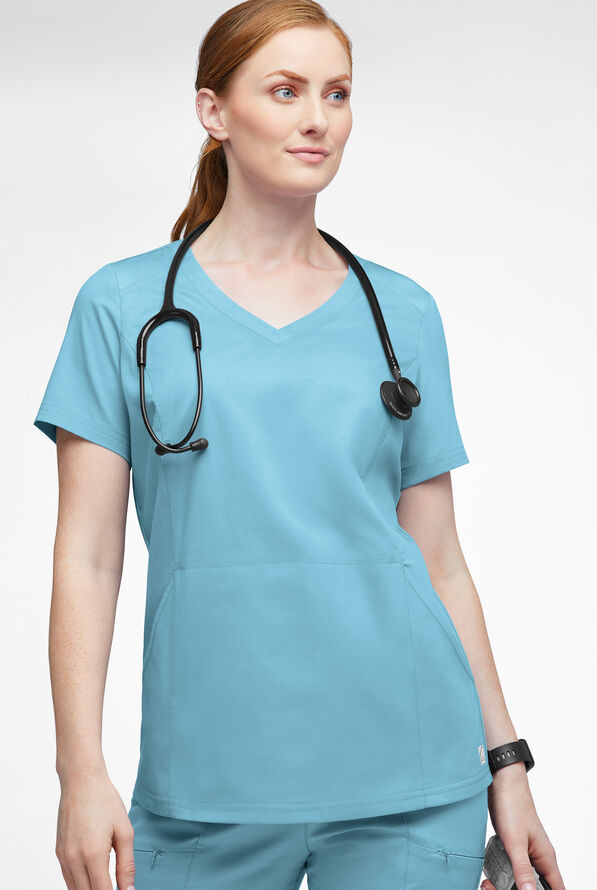 Blusa m&eacute;dica UA Butter-Soft STRETCH con detalle tejido y 3 bolsillos para mujer - Poolside View - 3