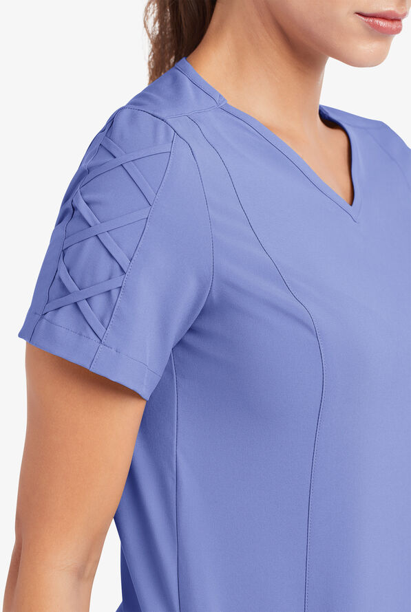 Easy STRETCH Kylie Woman's 5 Pocket V-Neck With Criss-Cross Detail Scrub Top - Ceil Blue - 6