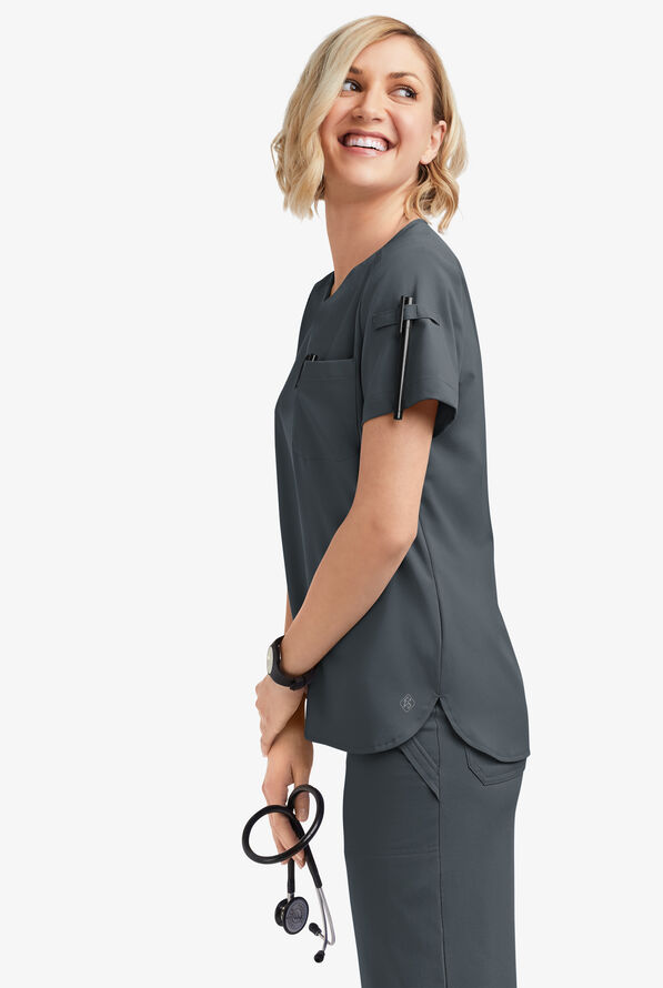 Easy STRETCH Nikki Women's 1-Pocket Scallop Neck Tuck-In Scrub Top - Pewter - 2