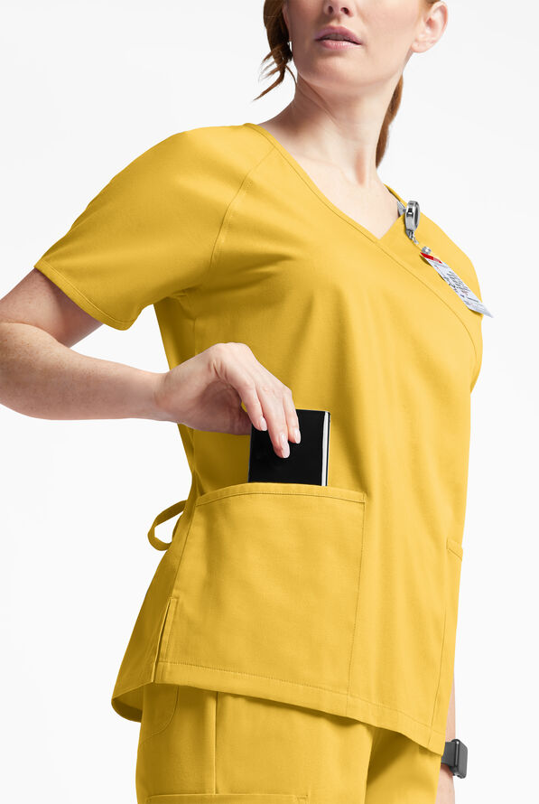 Butter-Soft Originals Women's 3-Pocket Mock Wrap Scrub Top - Warm Sun - 4