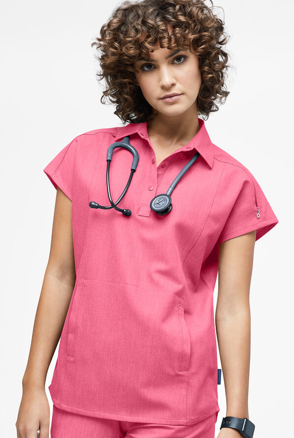 Movement by Butter-Soft Mintaka Women&rsquo;s 4-Pocket Polo Collared Scrub Top - Bright Pink Heather - 2
